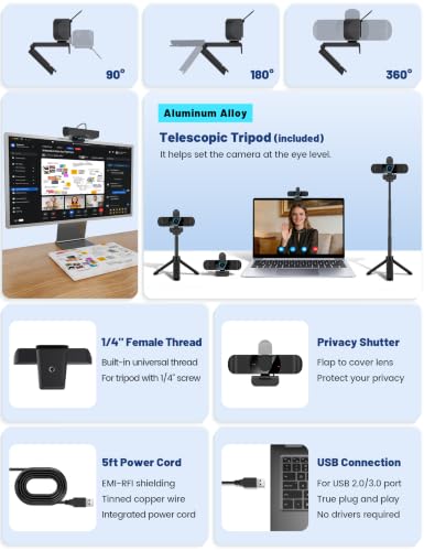 Pro QHD 2K/60fps Webcam with Tripod, External USB Camera for PC/Laptop | Dual noise-cancelling mics | Auto-focus | Wide-angle | Low-light correction | 360° rotation | CMOS sensor | Plug and Play - style: 2K | 60fps | USB Cable | Tripod Included