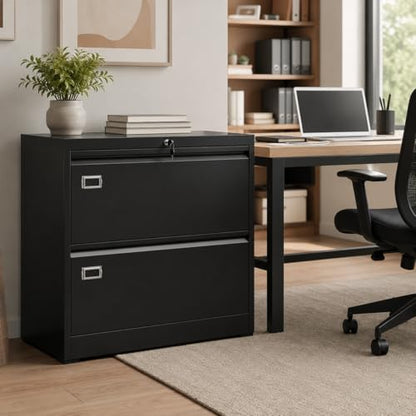 2 Drawer Lateral File Cabinet with Lock, Metal Filing Cabinet for Legal Letter and A4 Files, Black Cold Rolled Steel Office Storage Cabinet, Compact Lockable File Organizer - size: 2 Drawers