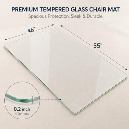 46 x 55 Inch Glass Chair Mat, 1/5 Inch Thick Tempered Glass Office Chair Mat for Carpet and Hardwood Floors, Heavy Duty Clear Floor Protector with Polished Edges and 8 Non-Slip Pads - size: 55" x 46"