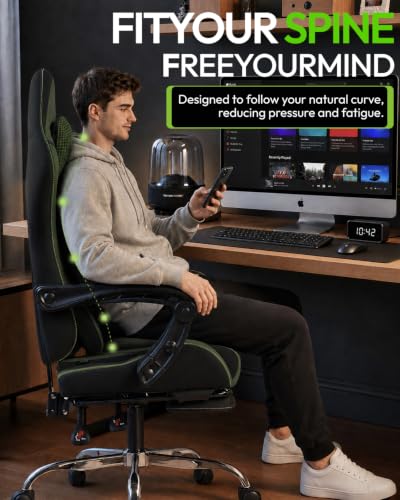Dowinx Ergonomic Gaming Chair with Footrest & Massage Lumbar, 2D-Linkage Armrests for Computer Chair 330lbs with Headrest Pillow for Office, Home, Streaming and Long Gaming Sessions, Fabric Dark Green - color: Dark Green
