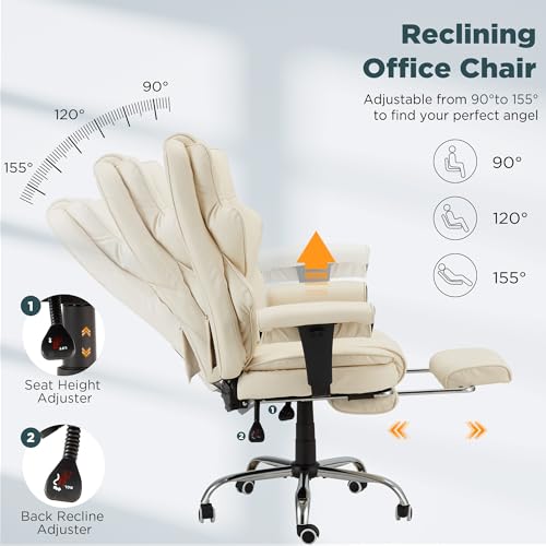 Ergonomic Executive Office Chair, 6-Point Massage Manager Chair with Heating Function, Adjustable Backrest Home Office Chair with Adjustable Footrest and Armrests (Beige) - color: Beige