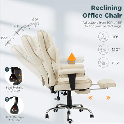 Ergonomic Executive Office Chair, 6-Point Massage Manager Chair with Heating Function, Adjustable Backrest Home Office Chair with Adjustable Footrest and Armrests (Beige) - color: Beige