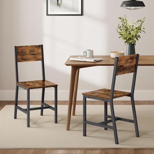 VASAGLE Dining Chair Set of 2, Rustic Wood Chairs with Metal Steel Frame, Easy to Assemble, Comfortable Seat, Modern Farmhouse Chair for Kitchen, Bedroom, Living Room, Rustic Brown and Ink Black - color: Rustic Brown + Ink Black, size: 2 Pack