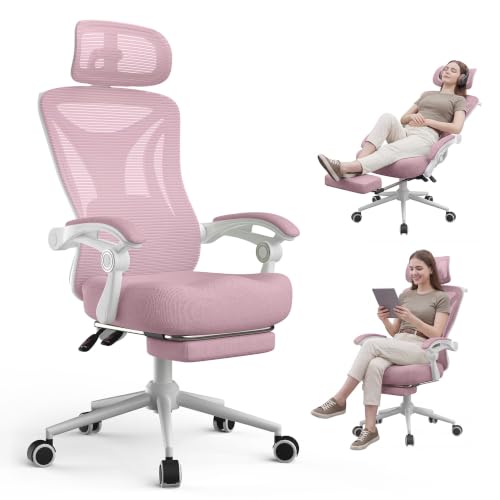 CYKOV Ergonomic Office Chair with Footrest - Adjustable Lumbar Support & Headrest, 90-135° Reclining Mesh Back Computer Chair - Home Office/Gaming, 350lbs Capacity - color: W-pink