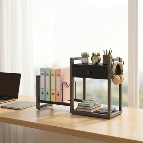 MAHANCRIS Desktop Shelf Organizer, 2-Tier Wooden Desk Bookshelf, Small Tabletop Book Shelf with Draw and Hooks, Countertop Storage Rack for Home, Office, Dorm, Black POBK2201 - color: Black