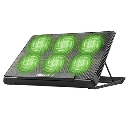Portable Metal Mesh Laptop Cooler Cooling Pad, 6 Quiet Fans w/Green LED Light, 5 Adjustable Heights, Up to 17" in Notebook, 2 USB Interface w/Speed Control Switch, Non-Slip - Black (11147) - size: 6 Quiet Fans w/Green LED Light