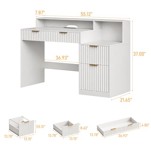 Vabches Fluted Computer Desk with Drawers, Home Office Desk with Power Outlets, Printer Stand and Storage Cabinet, Study Writing Desks with Long Monitor Stand, White - color: White
