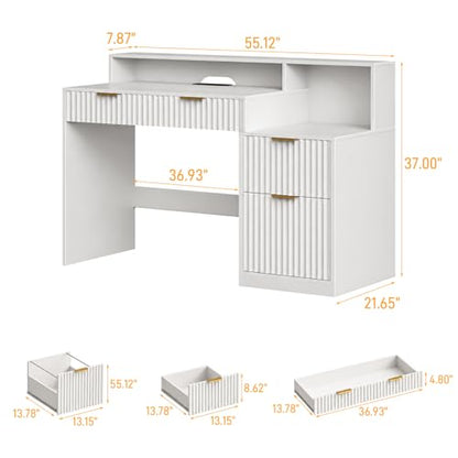 Vabches Fluted Computer Desk with Drawers, Home Office Desk with Power Outlets, Printer Stand and Storage Cabinet, Study Writing Desks with Long Monitor Stand, White - color: White