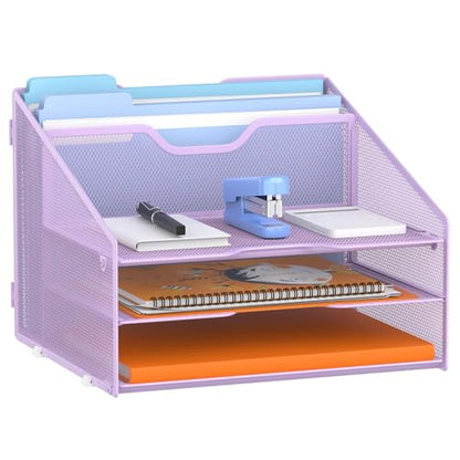 GAWERK Letter Tray Organizer, Mesh Desk File Organizer with 3 Paper Trays and 2 Vertical Upright Section (Purple) - color: Purple