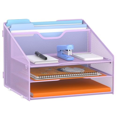 GAWERK Letter Tray Organizer, Mesh Desk File Organizer with 3 Paper Trays and 2 Vertical Upright Section (Purple) - color: Purple