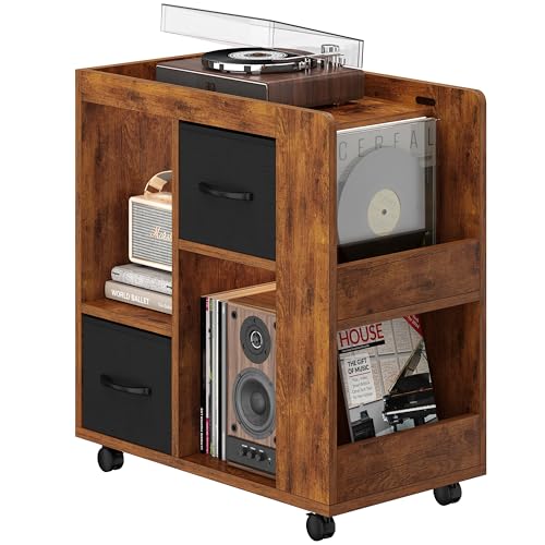 Yaheetech Narrow End Table Storage Drawer Rolling Shelves, Rustic Brown | Open Shelves | Magazine Rack | Rolling Wheels | Wooden Construction | Living Room & Bedroom - color: Rustic Brown