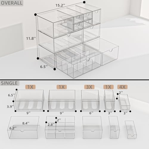 Clear 10-Drawer Stackable Desk Organizer Storage Set | Unique nine-grid drawer, Acrylic, Separate drawers, Dustproof, Easy to clean, for Office supplies, Pens, Jewelry, Makeup - size: 10 drawer clear