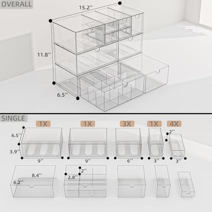 Clear 10-Drawer Stackable Desk Organizer Storage Set | Unique nine-grid drawer, Acrylic, Separate drawers, Dustproof, Easy to clean, for Office supplies, Pens, Jewelry, Makeup - size: 10 drawer clear