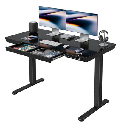 FEZIBO 48 × 24 Electric Standing Desk with Drawers, Whole-Piece Glass Adjustable Height Desk, One-Piece Quick Install Adjustable Sit Stand Desk, Black - color: Black, size: 48 inch