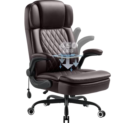 450LBS Big and Tall Executive Office Chair with Flip up Arm,Heavy Duty PU Leather Computer Desk Chair,Comfortable High Back Swivel Home Office Chair with Rolling for Adults,Spring Cushion,Metal Base - color: Brown