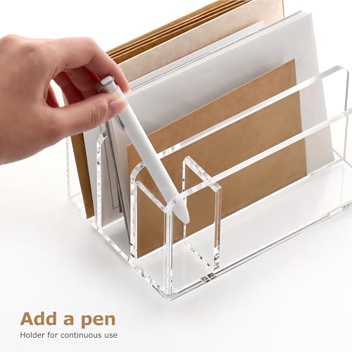 SANRUI Acrylic Mail Organizer with Pen Holder, 3-Slot Mail Holder, Clear - size: 3 Slots with Pen Holder