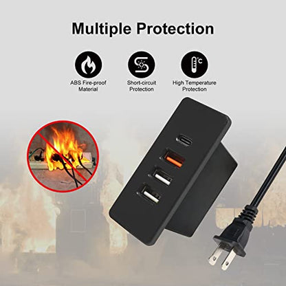 Powered USB C Hub Socket Recessed USB C Power Strip Outlet with Fast Charge 4 USB Ports 20W Mounted into Bed Desk Table Sofa (Black) - color: Black