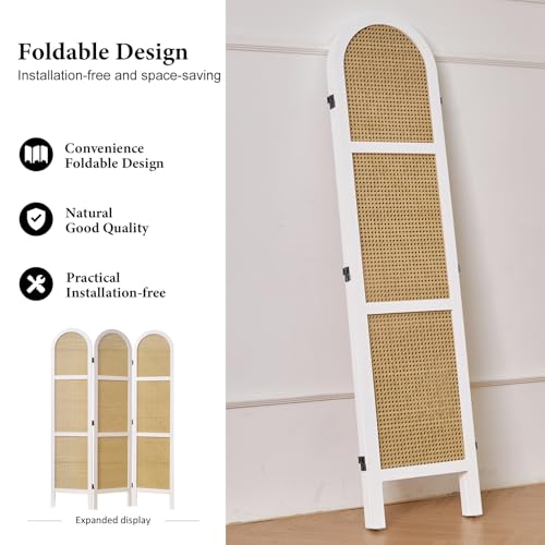 Svimi Room Dividers and Folding Privacy Screens, Pine Wood 5.6 Ft Double Hinged Rattan Partition Freestanding Wall Room Divider for Home - 3 Panels (White) - color: White, size: 3 Panels