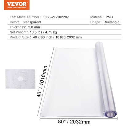 VEVOR Plastic Table Cover, 40 x 80 Inch 2.0 mm Thick Rectangle Clear PVC Mat Protector, Waterproof & Easy Cleaning Desk Pad Tablecloth, for Office, Dresser, Dining Room, Night Stand - size: 80" x 40" (Rectangular)