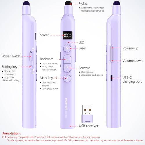 N21 Bluetooth Presentation Clicker for PowerPoint with Retractable Pointer | ①Laser Pointer②Telescopic touch pen③Countdown timer, vibration alert ④Customizable Button ⑤Rechargeable;battery level display - color: Purple - Green Pointer