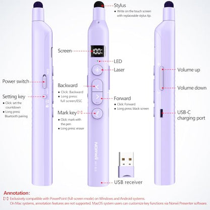 N21 Bluetooth Presentation Clicker for PowerPoint with Retractable Pointer | ①Laser Pointer②Telescopic touch pen③Countdown timer, vibration alert ④Customizable Button ⑤Rechargeable;battery level display - color: Purple - Green Pointer