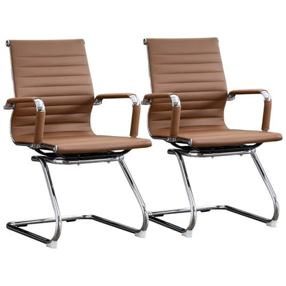 Office Guest Reception Chair Set of 2, Conference Room Chairs Waiting Room Chairs 2 Pack, Modern Leather Office Desk Chair No Wheels.（Brown） - color: Brown, size: 2 Pack