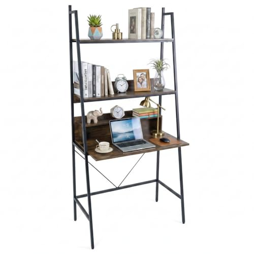 Tangkula 3-Tier Ladder Computer Desk, 71 Inch Modern Writing Desk with Storage Shelves, PC Laptop Workstation, Ladder Bookcase Stand Shelf with Metal Frame, Study Shelf Desk for Home Office (Brown) - color: Brown