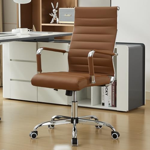 Office Desk Chair Leather, Conference Room Chairs with Wheels, Modern Executive Computer Guest Chairs with Arms. - color: Brown