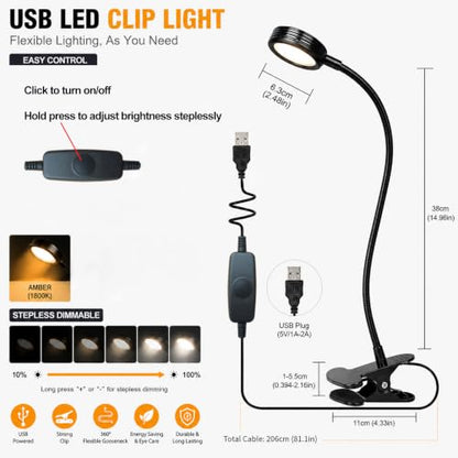 USB Clip-On Desk Lamp Eye Caring Dimmable Reading Light (Amber Light, 8W) | Dimmable, Inline Switch, 1M Timer, USB 5V Port, 1800K, 81inch Long Cable, Flexible Gooseneck， Metal Head and Clip - color: Amber Light
