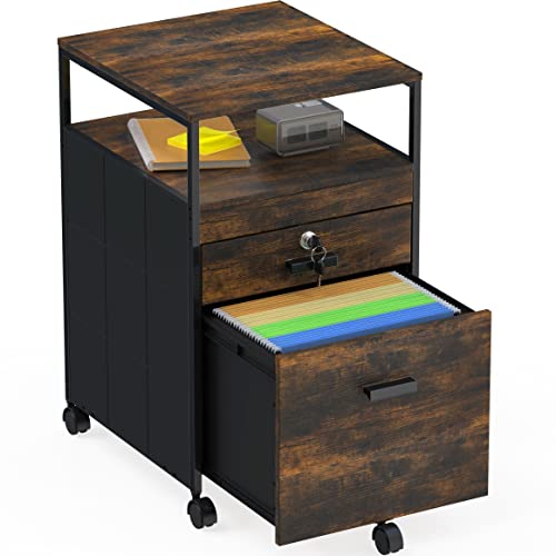 SHW Box File Rolling Mobile Cabinet with Lockable Drawer, Rustic Brown - color: Rustic Brown