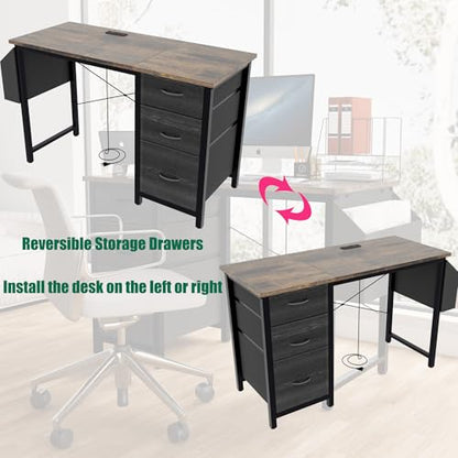 47.3" Office Desk with Power Outlet & 3 Drawers - Sturdy Reversible Frame, Side Pocket, Easy Assembly - Home/Office Computer Desk, Gaming Table, Vanity Table (Rustic Brown + MDF+Metal + Modern) - color: Rustic Brown + Mdf+metal + Modern