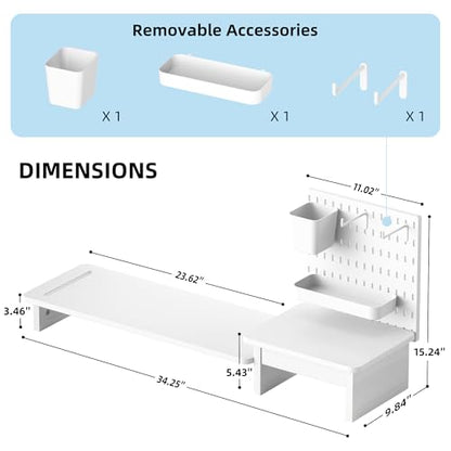 Pegboard Monitor Stand Riser,Computer Monitor Stand with 2 Hooks Cable Management Desk Organizer and Drawer for Laptop,PC,Computer,Printer,White