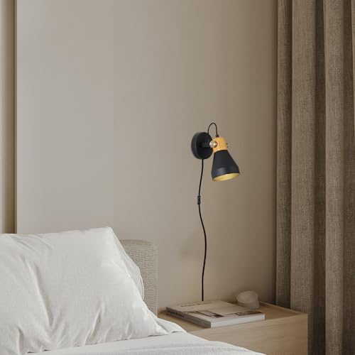 Modern Plug-in Wall Sconces, Matte Black | Adjustable Reading Light, Real Wood Accent, For Bedroom, Living Room, Apartment, Home Office - color: Matte Black+Wood Accent