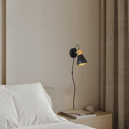 Modern Plug-in Wall Sconces, Matte Black | Adjustable Reading Light, Real Wood Accent, For Bedroom, Living Room, Apartment, Home Office - color: Matte Black+Wood Accent