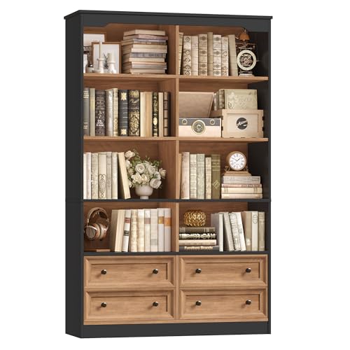 71" Tall Bookshelf with 4 Drawers Large Bookshelf Office Bookcase | 6-Tier Double Wide Bookshelves and Bookcases with Storage, Tall Bookshelf Standing Book Cabinet for Home Office, Brown/Black - color: Brown/Black