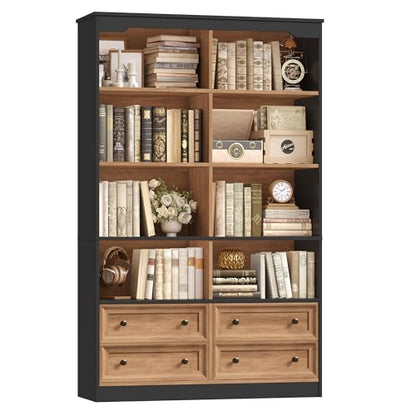 71" Tall Bookshelf with 4 Drawers Large Bookshelf Office Bookcase | 6-Tier Double Wide Bookshelves and Bookcases with Storage, Tall Bookshelf Standing Book Cabinet for Home Office, Brown/Black - color: Brown/Black