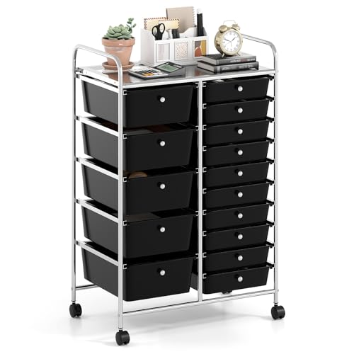 RELAX4LIFE 15-Drawer Rolling Storage Cart - Utility Cart with Metal Frame, Lockable Wheels & Removable Drawers, Multipurpose Art Craft Organizer for Home Office, Classroom (Black) - color: Black, style: 15 Drawers-38"