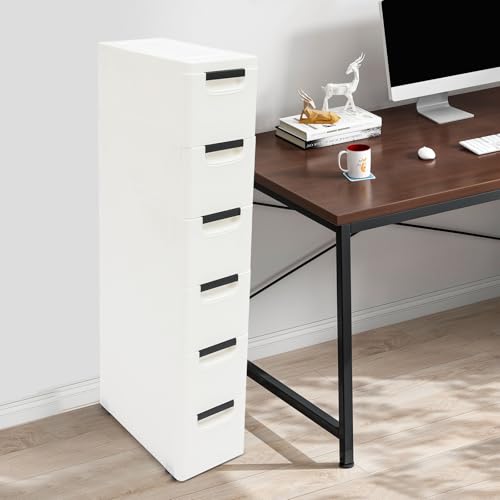 Plastic Storage Cabinet, 6 Drawers Rolling Organizer Cart with Wheels, Multifunctional Floor Cabinet, Narrow Mobile Slim Utility Cart for Living Room, Bedroom, Study, Office, Studio (White)