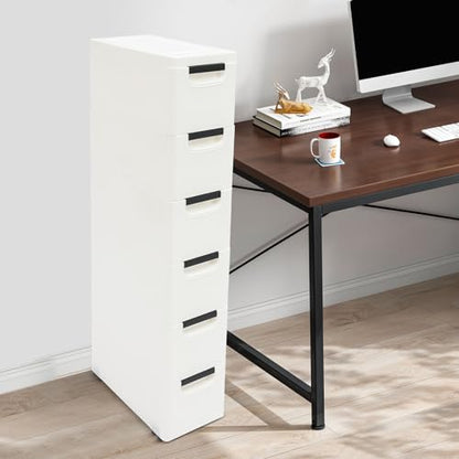 Plastic Storage Cabinet, 6 Drawers Rolling Organizer Cart with Wheels, Multifunctional Floor Cabinet, Narrow Mobile Slim Utility Cart for Living Room, Bedroom, Study, Office, Studio (White)