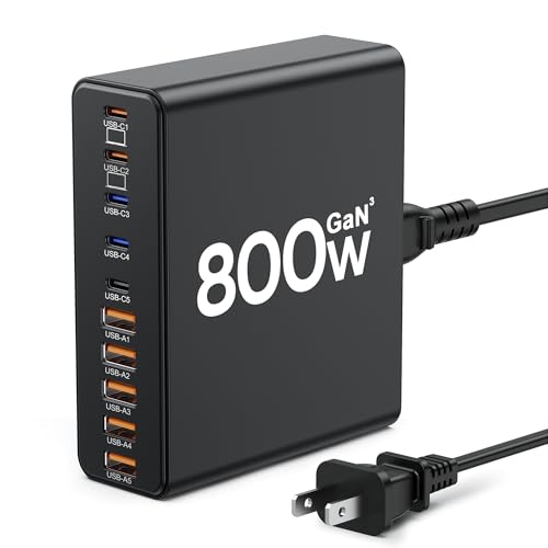 800W USB C Charger Block,10-Port GaN Charging Station | Aexhend Fast Charging Type C & USB A Wall Charger Adapter for MacBook Pro/Air,iPhone,iPad,Dell XPS, Galaxy (Bright Black) - color: Bright Black