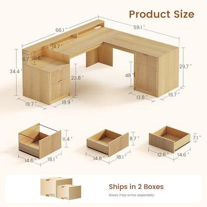 SEDETA 66" Modern L Shaped Desk with Drawers, Fluted Home Office Desk with File Cabinet and Printer Shelf, Wood Executive Desk with Monitor Stand, Power Outlets, Led Lights, Oak - color: Oak, size: L Shaped Desk