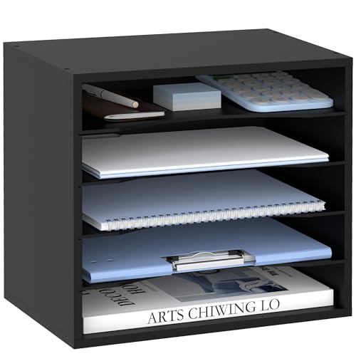 5 Tier Wood Desk Organizer, Mail Sorter and Paper Organizer for Desk, Black - color: Black, size: 13.4" x 9.1" x 12", style: 5 Compartments