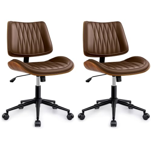 Ergonomic Armless Office Desk Chair - Mid-Century Modern Khaki Faux Leather with Diamond Stitch, Adjustable Height Swivel Rolling Task Computer Chair with Walnut Accent for Home Office, Study & Work - color: Khaki, size: 2 Pack