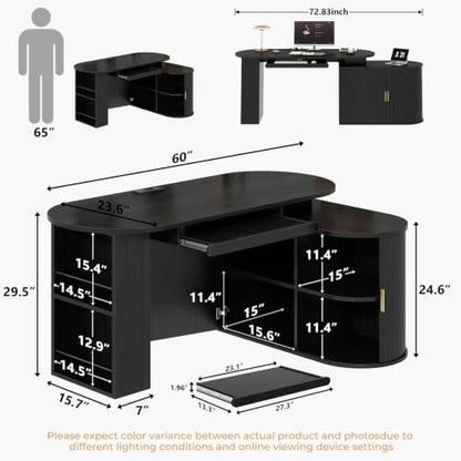 HSH 60 Inch L Shaped Computer Desk, Reversible Office Desks with Storage - color: Black