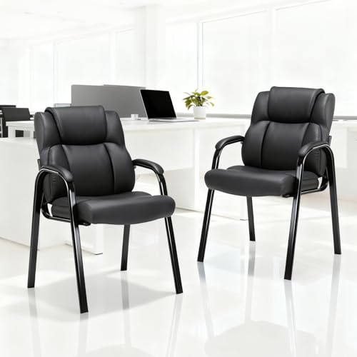 CLATINA Black Guest Chair with Arms, Office Reception Chairs for Conference and Waiting Room, Ergonomic Leather Visitor Desk Chair No Wheels Side Office Home Chairs, 2PK - color: Black, size: 2PK