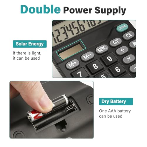 12 Digits Desktop Calculator with Large LCD Display and Sensitive Button, Dual Solar Power and Battery, Standard Function for Office, Home, School, Black