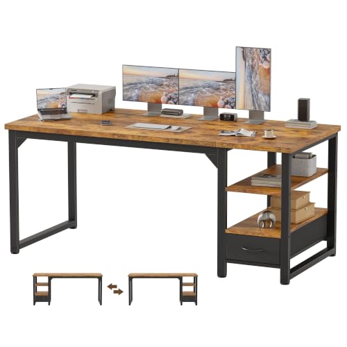 Mericonia 63 in Computer Desk with Drawer, 1" Thick Reversible Office Desk - color: Brown, size: 63"D,1"T