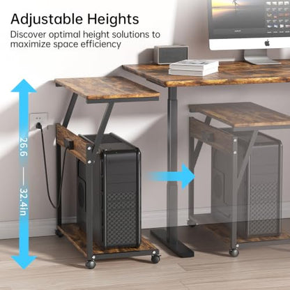 FANXIYQ Computer Tower Stand with Charging Station, Adjustable Height PC Tower Stand for Floor & Carpet, Rolling CPU Holder Cart with Top Shelf, Under Desk PC Cart, Wood Grain - color: Wood Grain