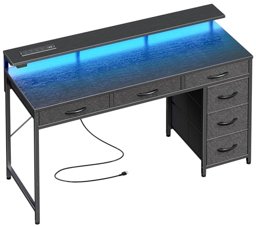 Huuger Gaming Desk with 6 Drawers, Computer Desk with LED Lights Power Outlets and Type-C, 47 Inch Office Desk with Storage, Monitor Stand, Writing Desk Work Desk Home Office, Bedroom, Black - color: Black, size: 47 inch