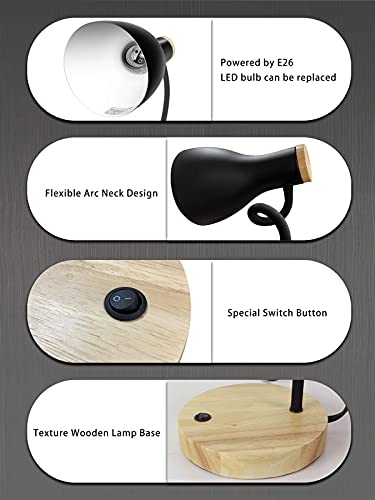 LALISU Metal Desk Lamp Table Lamp Reading Lights Arc Desk Lamps Wood Base - color: Wood Base+Black